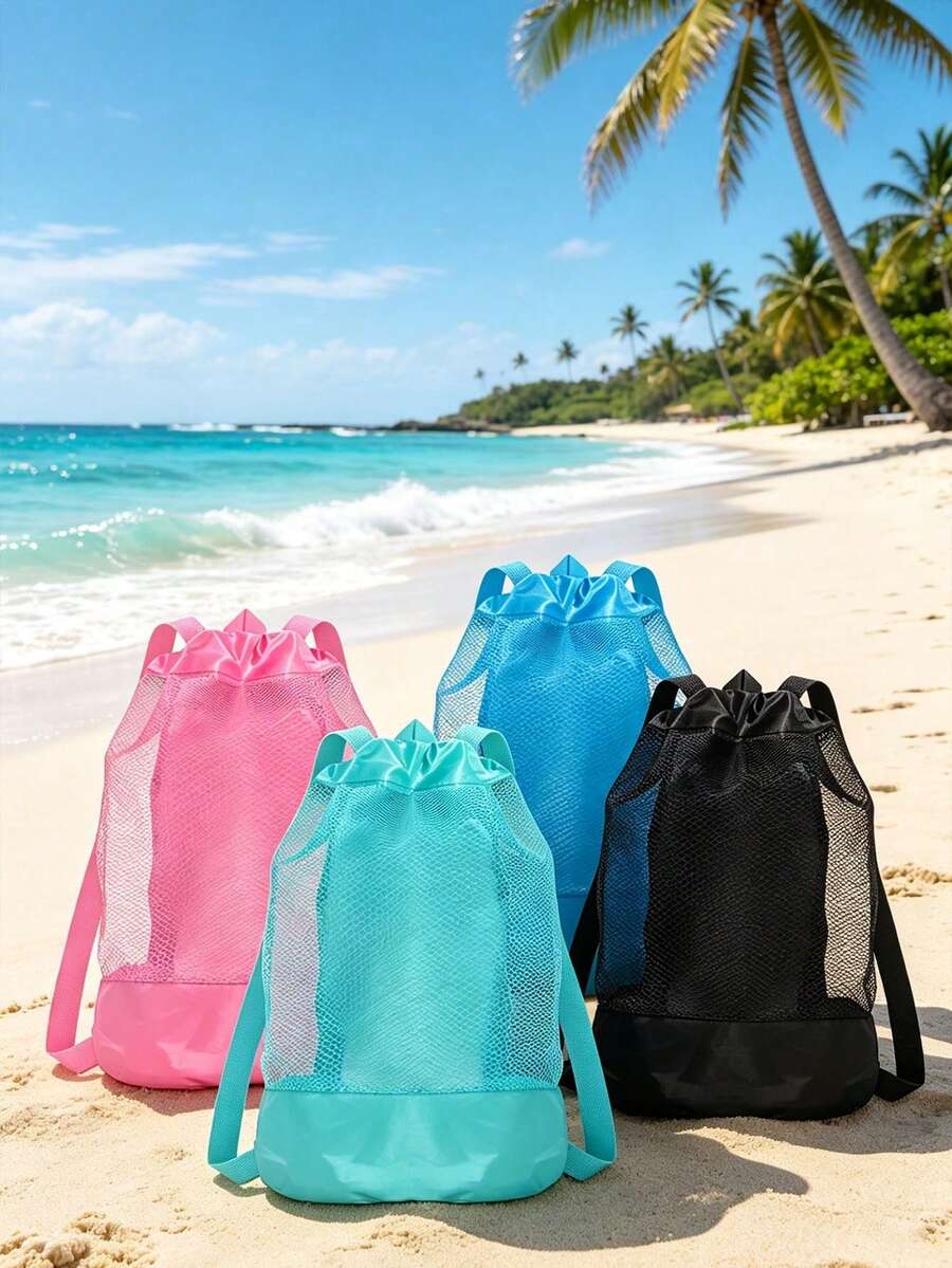 1pc Large Beach Toy Storage Bag, Large Capacity Mesh Beach Bag, Breathable Drawstring Backpack, Beach Shell Storage Bag, Swimming Pool Accessories, Beach Essentials, Shell Collection Bag, Toy Storage Organizer, Cruise Travel Essentials, Vacation Style - Standard Model - View 1