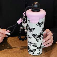 1個 600ML 英文蝴蝶創意蝴蝶結水墨潑染圖案保溫杯，時尚便攜掛繩水壺，不鏽鋼咖啡杯，適合辦公室與旅行，推薦送給朋友/家人的咖啡禮物 - 彩色 - 查看 7