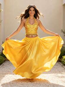 Belly Dance Embroidered Coin Trim Crop Top Glossy Satin Flowy Maxi Skirt (Multiple Colors Available) - Multicolor - View 12