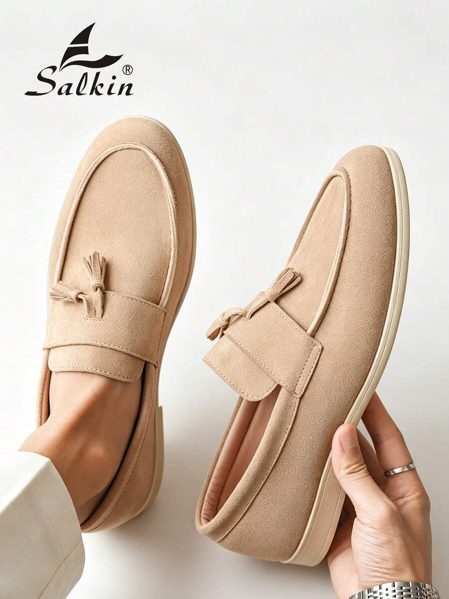 Salkin 奢華時尚設計師男士樂福鞋 流蘇一腳蹬 手工柔軟仿麂皮素食皮革休閒鞋 莫卡辛鞋 極簡商務正裝鞋 男士舒適日常辦公派對經典百搭情侶約會浪漫晚餐度假禮物返校學生鞋學院風四季男鞋