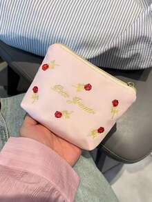 日韓風小眾設計 Ins 風可愛卡夾零錢包，字母與花朵刺繡，小口紅收納袋，清新便攜收納包，高顏值零錢包 - 粉色 - 查看 6