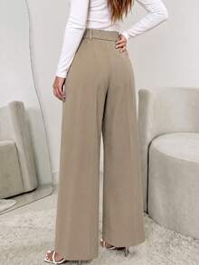ANCHOSE Women's Spring/Autumn Khaki Elastic Waist Pleated Wide Leg Dress Pants, Commuter Casual Drapey Versatile Long Trousers - Khaki - View 2