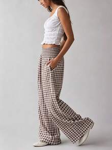 UREREM Women's Fashion Brown Plaid Pleated Waist Woven Fabric Wide Leg Long Pants - Coffee Brown - View 3