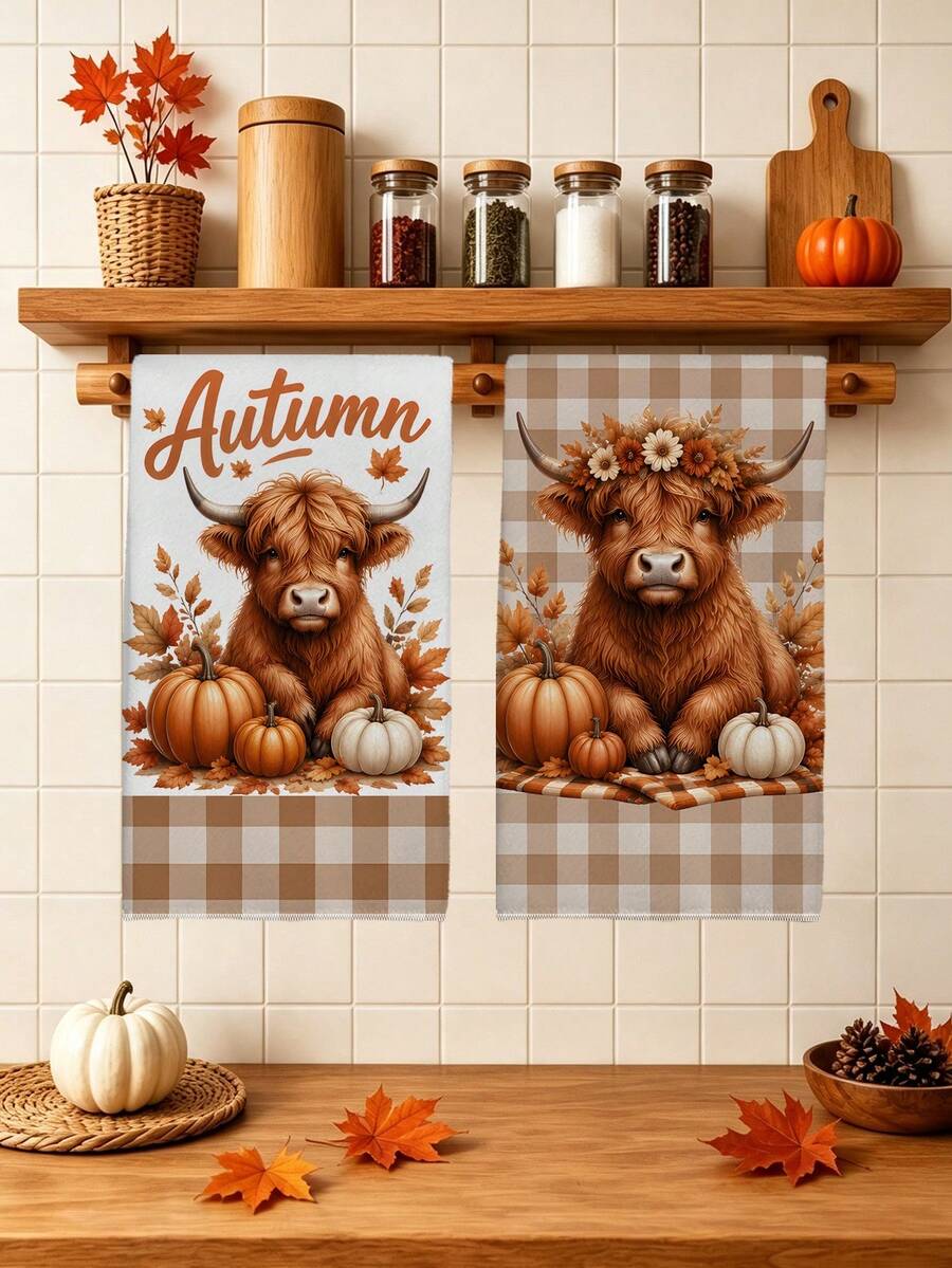 2PCS Kitchen Towels Plaid Watercolor Autumn Highland Cow Pumpkin Pattern Printed 40*60cm Country Style Rectangular Microfiber Kitchen Towels, Dish Cloths, Tablecloths, Hand Towels, Thanksgiving Kitchen Decor, Home Decor, Housewarming Gift For Neighbors, Perfect For Kitchen And Bathroom Use, Suitable For Housewives And Family Gatherings, Essential Home Item - Khaki - View 1