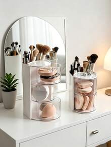 2/3 Layer 180° Rotating Desktop Storage Box, Makeup Brush & Puff Holder, Multi-Layer Egg-Shaped Makeup, Hair Ties, Cosmetics Organizer, Rotating Multi-Layer Transparent Hair Accessory Storage Box, Dust-Proof Plastic Material, Rotating Design, Clear Visibility, Suitable For Back-To-School Storage Needs, Perfect Gift Choice, Back-To-School Essential - View 9