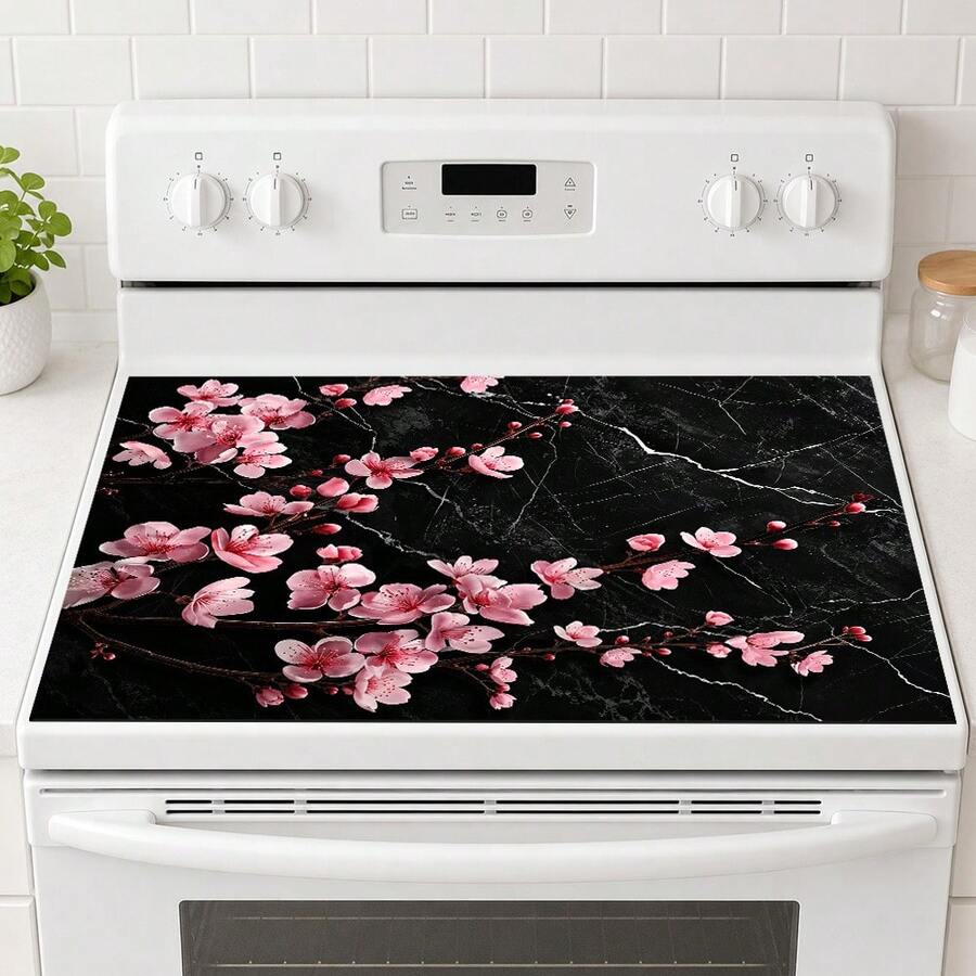 1pc Pink Cherry Blossom Black Marble Pattern Diatomaceous Earth Kitchen Drain Mat, Absorbent Quick-Drying Non-Slip Coffee Machine Mat, Suitable For Kitchen Countertop, Dining Table And Home Decor - Multicolor - View 1