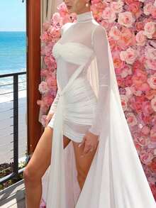 Stunning White Fitted Long Sleeve Sheer Dress, High Neck Design, Ruched Bust Detail, Suitable For Prom Or Formal Occasions - White - View 4