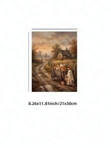 1pc Frameless Rustic Halloween Ghost & Pumpkin Wagon Fall Sunset Wall Art Print, Spooky Farmhouse Decor For Dorm, Bedroom, Party Gift - Pumpkin - View 13