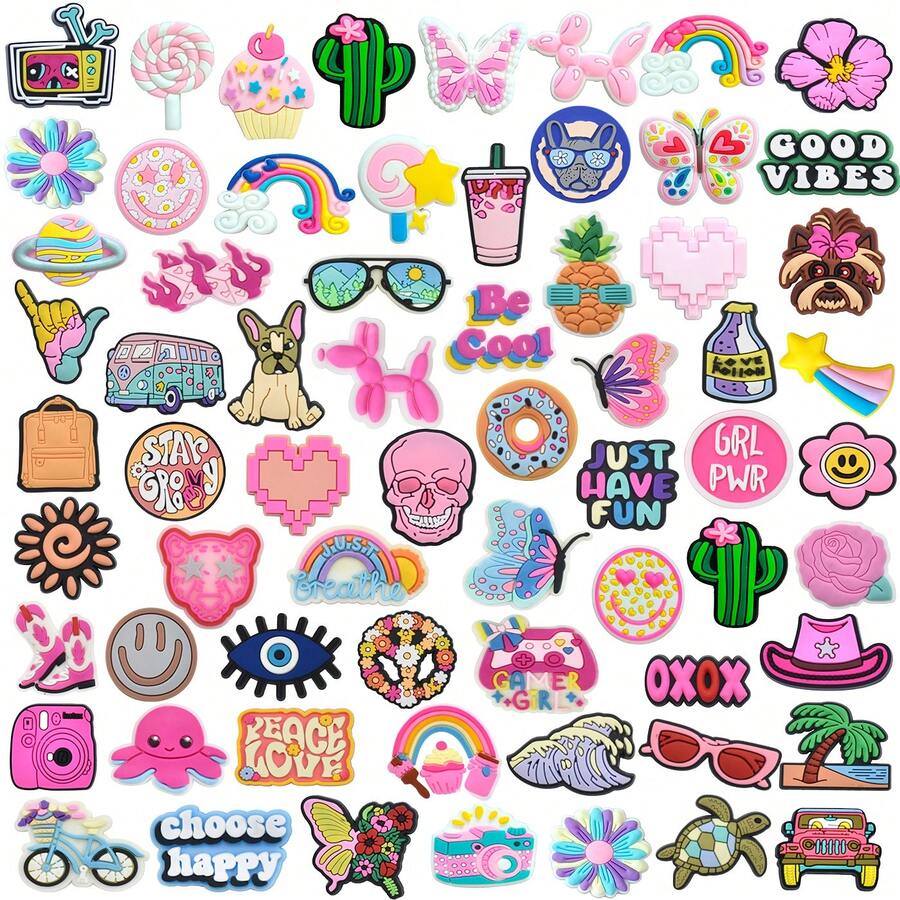 66pcs Adorable Pink Cute Creatures Shoe Charms, Versatile Accessories For Multiple Shoes, Unique Gift Choices For Friends, Lovers, Classmates - Multicolor - View 1