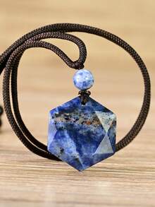 Yumfeel Natural Sodanite Hexagram Pendant Necklace Unisex, Hand-Woven. Bohemian Spring/Summer Beach Style, Perfect For Everyday Party And Holidays Wear.Gift - Royal Blue - View 2