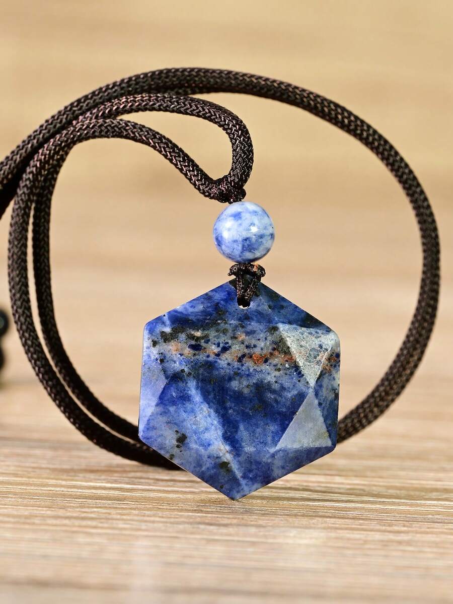 Yumfeel Natural Sodanite Hexagram Pendant Necklace Unisex, Hand-Woven. Bohemian Spring/Summer Beach Style, Perfect For Everyday Party And Holidays Wear.Gift