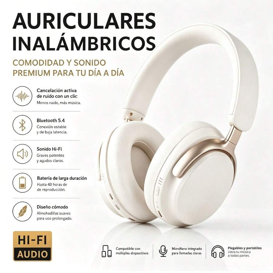 Moreka BL025 Auriculares Bluetooth 5.4 Inalámbricos, Driver de 40 mm, Sonido HiFi Estéreo, Cascos Plegables con Reducción Pasiva de Ruido, Micrófono Integrado, Hasta 12 Horas de Reproducción, Carga Tipo-C, Diadema Ajustable para Música, Juegos y Llamadas - Ver 1