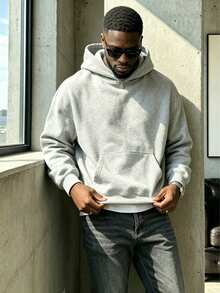Men's Solid Color Drop Shoulder Long Sleeve Casual Pocket Hoodie, Autumn/Winter - Light Grey - View 2