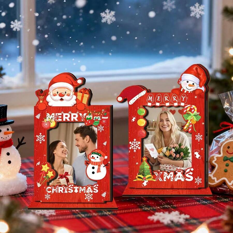 Cute Wooden Santa Claus & Snowman Photo Frame Desktop Decor, Merry Christmas Wooden Photo Holder Ornament, Rustic Style Vertical Photo Frame, Suitable For Home Fireplace Mantel Winter Holiday Party Family Gift - A - View 1