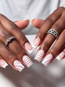 Show Your Beauty 24pcs Classic Elegant White Polka Dot Striped French Shiny Rhinestone Nude Pink Glossy Bright White False Nails Fashion Versatile Press-On Nails Suitable For Dates Parties Spring Summer Women And Girls Autumn Winter Daily Wear Removable Press-On Nail Set Includes Jelly Glue And Nail File Easy To Wear And Durable Jelly Glue Randomly Shipped - Multicolor - View 2