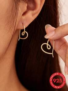 1 Pair S925 Sterling Silver Linear Hollow Heart Earrings For Women, Classic Minimalist Korean Ins Artistic Style, Gentle Elegant Elegant, Unique Sweet Fresh Niche Ear Jewelry, Suitable For Daily Casual Wear Or Party Gathering Gift - Love - View 7