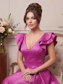 Grife Velasco Bridesmaid Dress Party Plain Long Elegant Graduation Slit Ruffle Sleeve - Rose Red - View 7