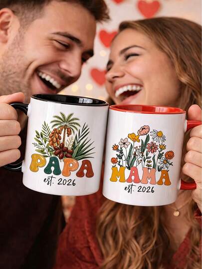 11oz MAMA & PAPA keramikmuggset med blommönster, vattenmugg för pappa och mamma, ny MAMA & PAPA kaffekoppsgåva från son och dotter, perfekt för varm/kall te, mjölk och juice hemma eller på kontoret. En hjärtvärmande gåva till fars dag, mors dag, födelsedag och jul.