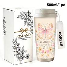 1/5pcs 18oz Stainless Steel Coffee Tumbler, He Restores My Soul Pink Butterfly Floral Print Travel Mug, Multi-Function Flip Straw Lid, White COFFEE Lanyard Strap, Ideal Gift For Faith Lovers Ladies Friends, Suitable For Worship Travel Home Picnic - Butterfly - View 3