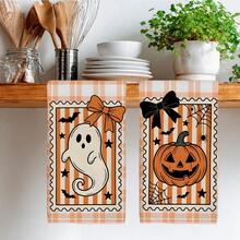 2PCS Kitchen Towels Orange & White Plaid Stamp Little Ghost Pumpkin Design Print 40*60cm Autumn Theme Rectangular Microfiber Kitchen Towels, Dish Cloths, Tablecloths, Hand Towels, Kitchen Decor, Home Decor, Housewarming Gift For Neighbors, Perfect For Kitchen & Bathroom Use, Suitable For Housewives And Family Gatherings, High Cost-Performance, Household Essential - Orange - View 8