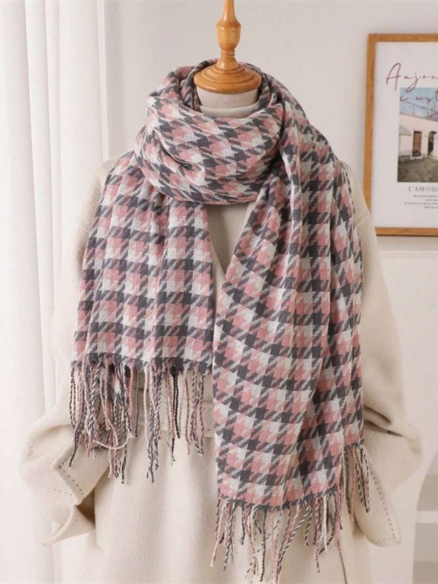1pc Woman's Winter New Imitation Cashmere Plaid Scarf, Simple Fashion Tassel Ring Scarf Warm Shawl Unisex Cold, Suitable For Daily Travel, Casual Wear - Pink - View 1