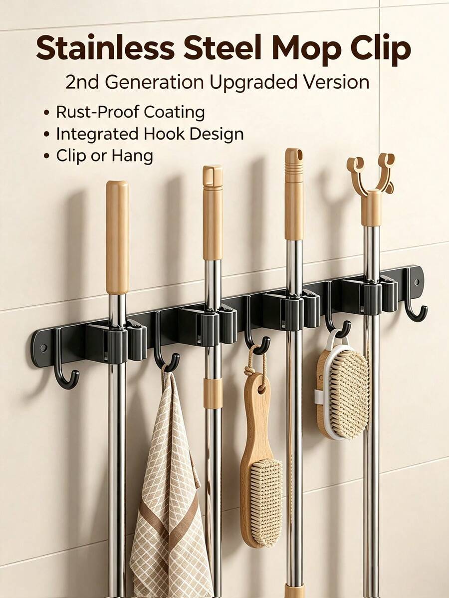 1PC-Stainless Steel Wall-Mounted Broom Hook Storage Rack, Gardening Tools Mop Hook Storage Rack, Multi-Functional Storage Rack, Easy To Install, Space-Saving, Suitable For Home, Kitchen, Garden, Laundry Room, Garage, School Dormitory - Style a - View 1