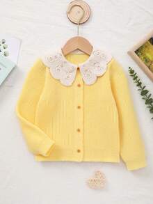 Tween Girl Knitted Embroidered Floral Collar Cardigan For Daily Wear - Yellow - View 2