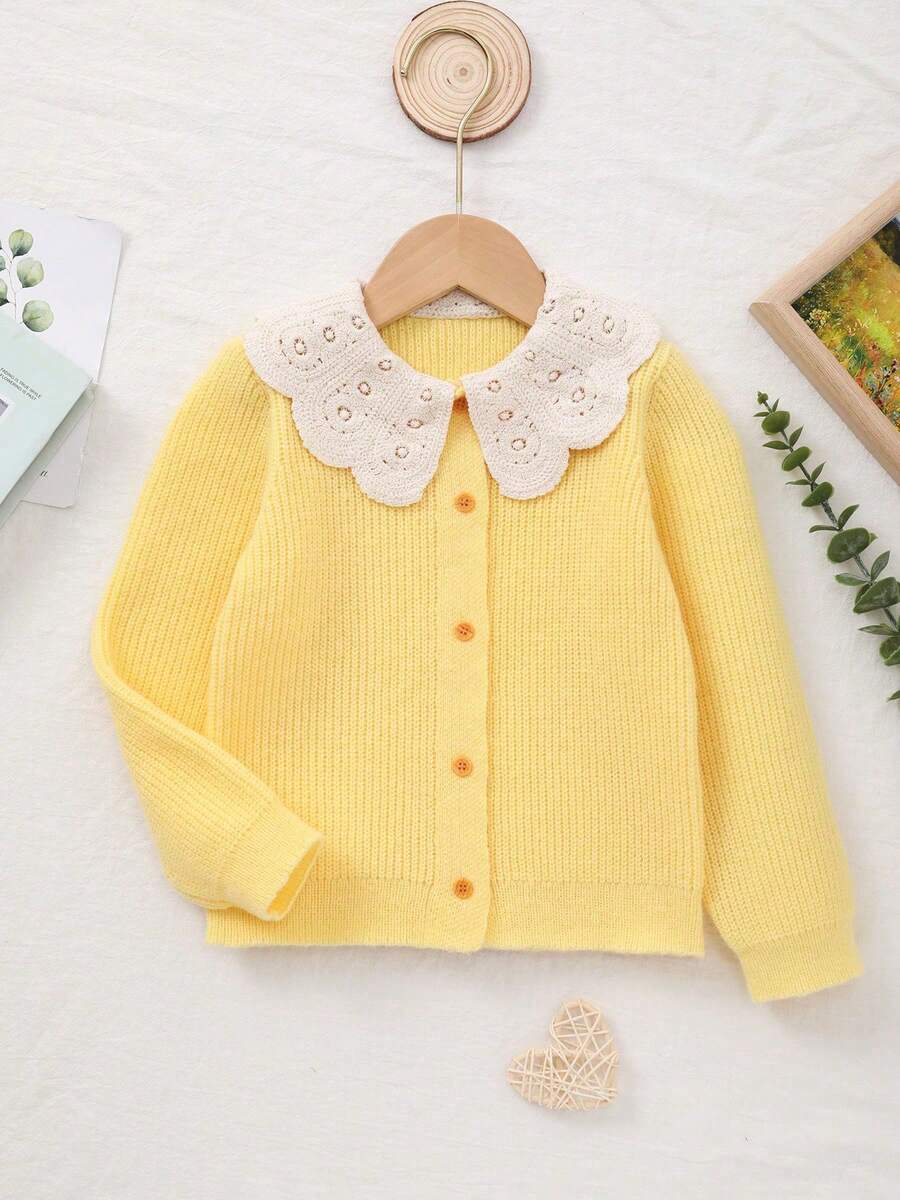 Tween Girl Knitted Embroidered Floral Collar Cardigan For Daily Wear