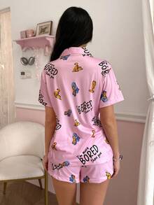 Noctvar OBM Sleepwear X Garfield 2pcs Cartoon Print Short Sleeve Top With Pocket And Shorts Pajama Set, Suitable For All Seasons - Pink - View 2