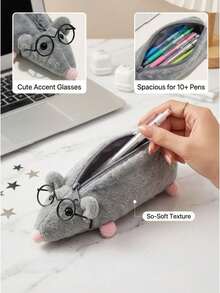 Mouse Shape Plush Pencil Case With Glasses Stationery Storage Bag Office Desktop Organizer For Students Teens,Office Supplies,School Supllies - Slimming Mouse Pencil Case + Wire Glasses - View 4