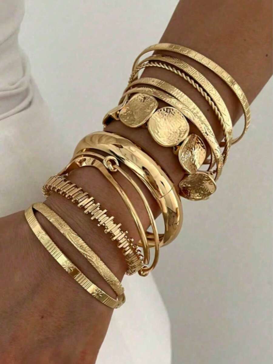 12pcs Gold Layered Bracelet & Bangle Set, Multi-Layer Mixed Women's Jewelry, Versatile Decorative Accessories For Daily Wear And Parties - Gold - View 1