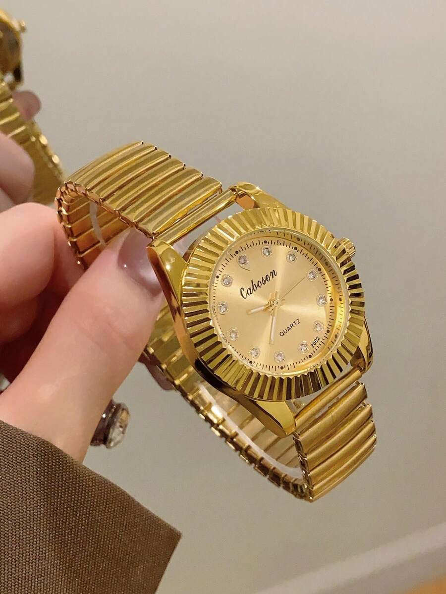1 件简约金色方形石英模拟女士手表，适合日常佩戴 - 金色 - 查看 1