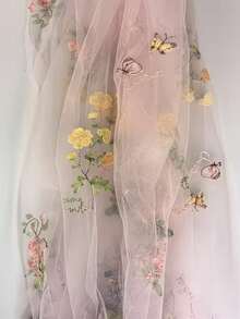 White Floral Embroidered Tulle Table Runner, Spring Wildflower & Summer Butterfly Design, Sheer Decorative Fabric For Kitchen, Dining Room, Wedding, Party, Birthday - Multicolor - View 8