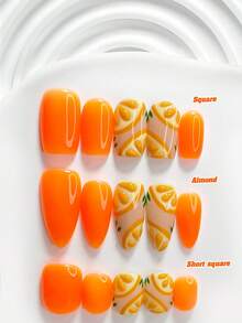 10片清新夏季水果風手工穿戴甲，Polygel美甲套組，橘色/橘色指甲油色，韓系軟妹風，含美甲工具，3種尺寸可選，方形/短方形/杏仁形，適合派對、跳舞、日常配戴 - 彩色 - 查看 1