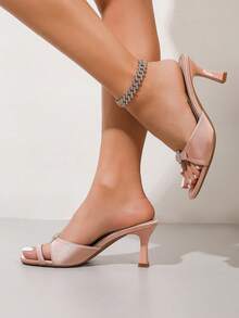 Women's Light Pink Satin Rhinestone Square Buckle Stiletto High Heel Slide Sandals, Toe-Post Mule Slippers, Sexy Party Shoes For Summer - Baby Pink - View 3