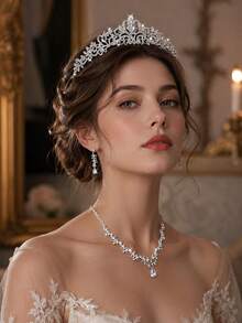 4-Piece Bridal Jewelry Set Silver Rhinestone Tiara Crown Teardrop Necklace Dangle Earrings For Wedding Bridesmaid Prom Party Formal Occasion - Silver - View 3