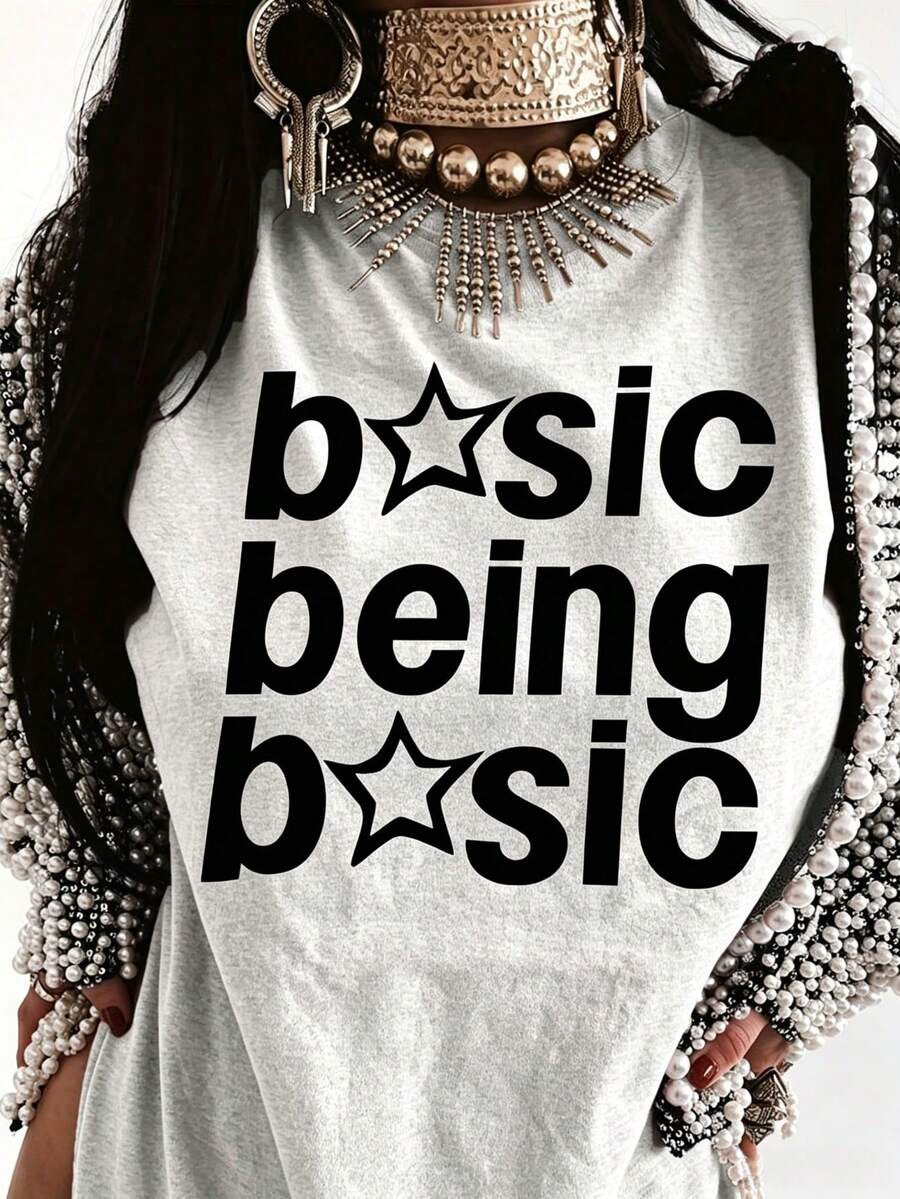 Plus Size Women 100% Cotton Crew Neck Tee, Basic Being Basic Star Letter Print, Casual Summer Short Sleeve For Commute Outing Vacation Daily Wear - 灰色 - 查看 1