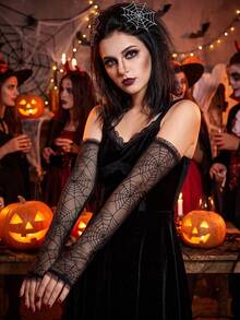 1 par de mangas largas sin dedos de malla de telaraña gótica para mujer, colores negro, naranja y púrpura, guantes de cosplay de bruja de Halloween, accesorios de disfraz de estilo punk oscuro para fiesta, bar, carnaval y atuendo de temática de terror - Guantes de Halloween - Ver 6