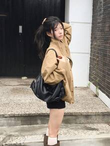 Korean Style Loose Zipper & Button Long Sleeve Jacket Streetwear - Khaki - View 3