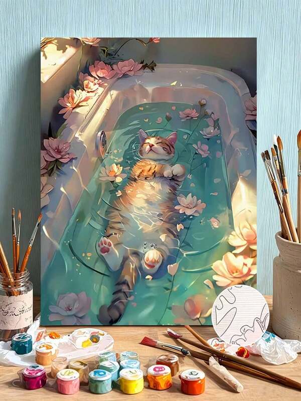 1 Set Digital Oil Painting, Suitable For Beginners, Kitten In Bathtub Pattern, Adult Beginner Coloring Kit, Birthday Gift, Anniversary Gift, Holiday Gift, Home Decor