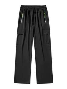 Men's Solid Color Multi-Pocket Cargo Pants, Elastic Drawstring Waist Straight Leg Minimalist Long Trousers, Suitable For Daily Commute And Sports - Black - View 4