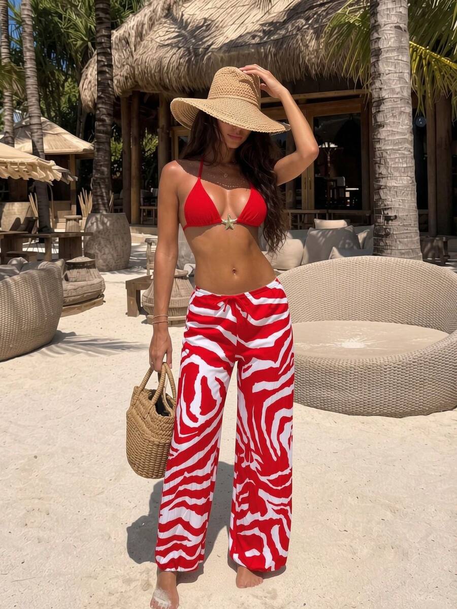 HOTTIE HABIT 女款星星裝飾掛脖比基尼與紅白斑馬紋沙灘褲,2件式泳裝外罩套裝,適合夏季熱帶海灘度假的休閒穿搭 - 紅色 - 查看 1