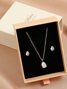 1 Set Perhiasan Minimalis Fashion Tembaga Zirkonia Kubik, Kalung, Gelang, Anting-anting, Kotak Hadiah, Hadiah untuk Teman, Ibu, Anak Perempuan - Set Hadiah Tetesan Air Gaya 2 - View 18