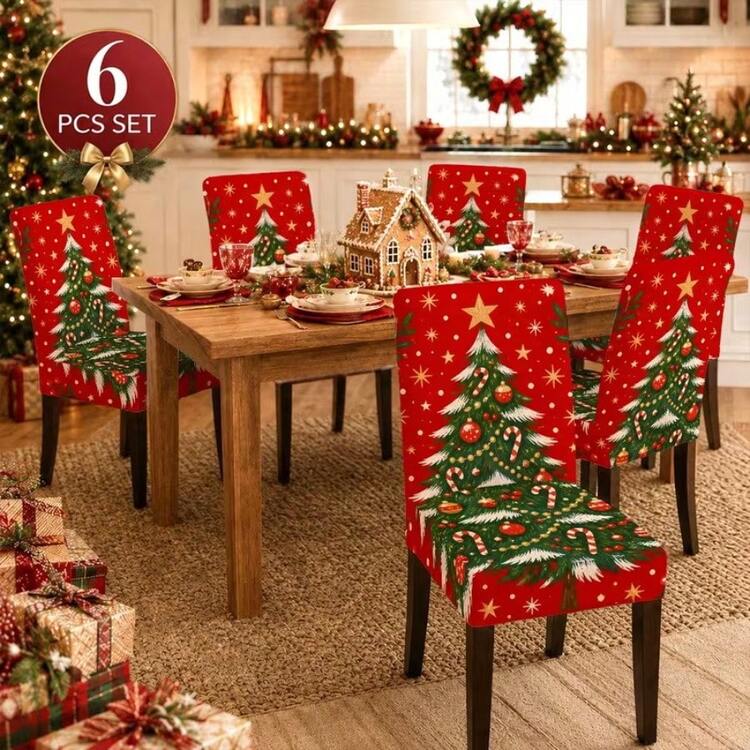 1/2/4/6/8pcs Christmas Tree Print Elastic Chair Covers, Removable, Washable, Easy To Clean, Suitable For All Seasons, Perfect For Holiday Home Decor, Fits Dining Room, Living Room And Kitchen - Multicolor - View 7