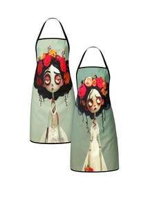 2Pcs Zombie Bride Day Of The Dead Apron Set, Spooky Cute Corpse Bride Floral Crown Kitchen Apron, Gothic Sugar Skull Catrina Cooking Apron, Halloween Wedding Chef Apron For Baking Grilling - Multicolor - View 9