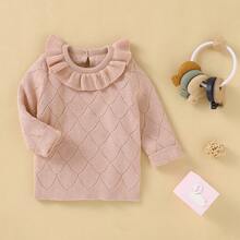 1pc Light Pink Double Layer Ruffle Collar Diamond Hollow Out Girls Knit Sweater, Baby Girl Round Neck Long Sleeve Pullover Top, Versatile Base Layer - Pink - View 5