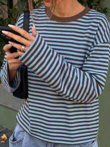 Women Blue Brown Striped Drop Shoulder Long Sleeve Crew Neck T‑Shirt, Casual Basic Loose Tops For Daily Going‑Out Fall Street Vacation Outfits - Blue-brown - View 9