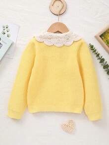 Tween Girl Knitted Embroidered Floral Collar Cardigan For Daily Wear - Yellow - View 10