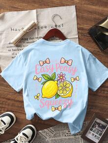 Tween Girl 1pc Printed Pullover Short Sleeve T-Shirt, Student Youth Kids Summer Top, Suitable For Autumn/Winter Layering, INS Casual Street Beach Vacation Airport Breakfast School Daily Outfit, Versatile Styling - Baby Blue - View 4