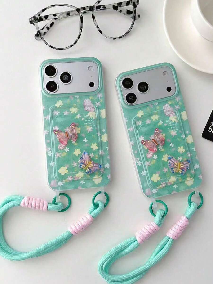 Ins Summer 3D Colorful Flower Lanyard Card Holder Phone Case Compatible With Apple 16 Pro Max/ 15 Pro Max New 11 Creative 12 Soft Shell 11 Shockproof 14 Pro/13 Protective Cover Full Coverage Women's 17 Pro Max/17/Pro/17 Plus/17 - Multicolor - View 1